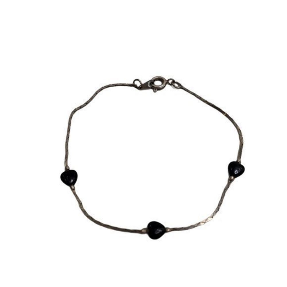 Black Hearts Chain Bracelet Silver Tone Thin Daint‎